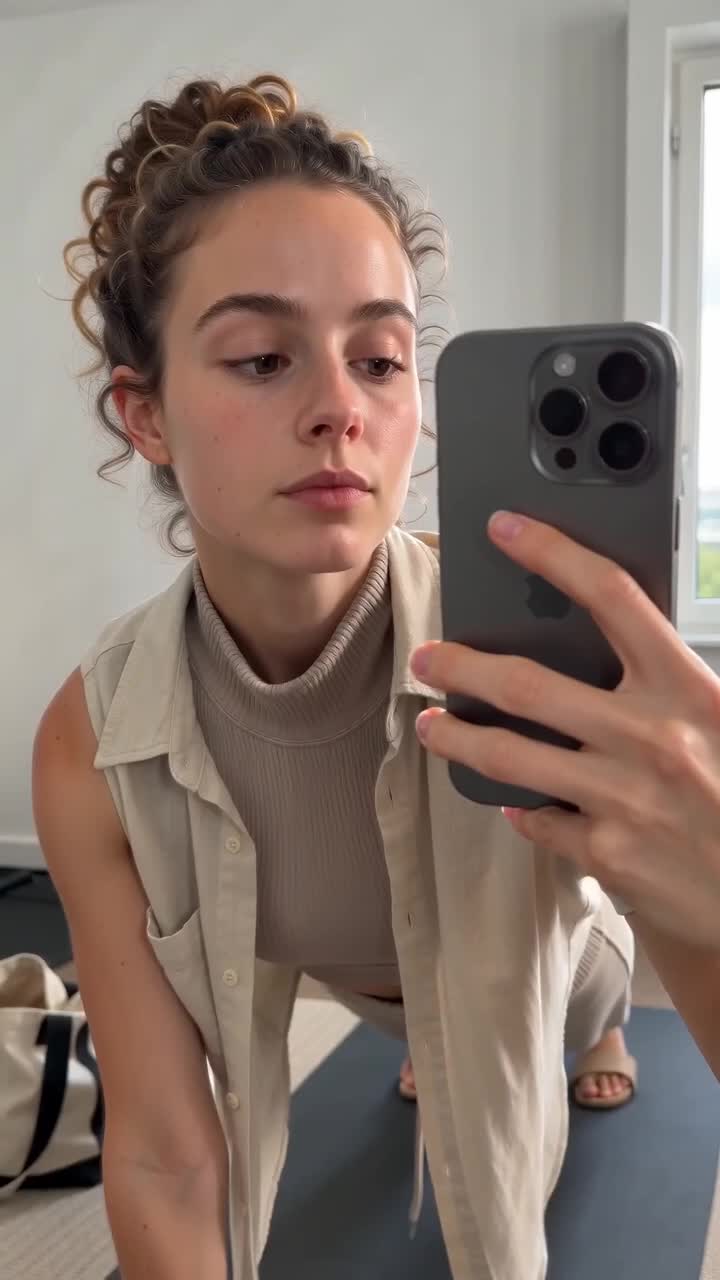 A creator in a home interior using a mirror selfie framing