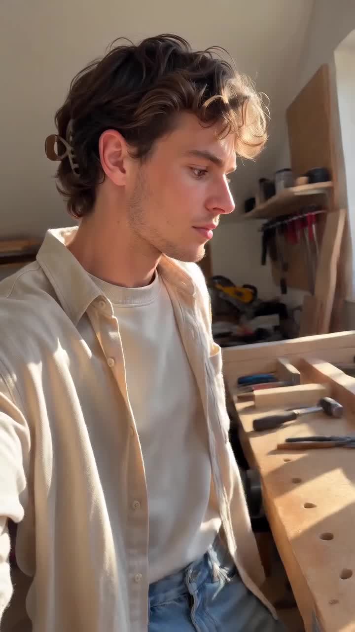 A creator in a workshop, looking toward the workbench